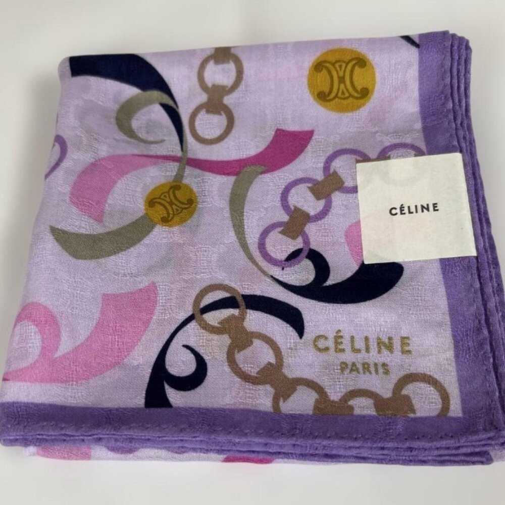 New Vintage CELINE Handkerchief Scarf Pocket Square Charms Macadam Logo Purple